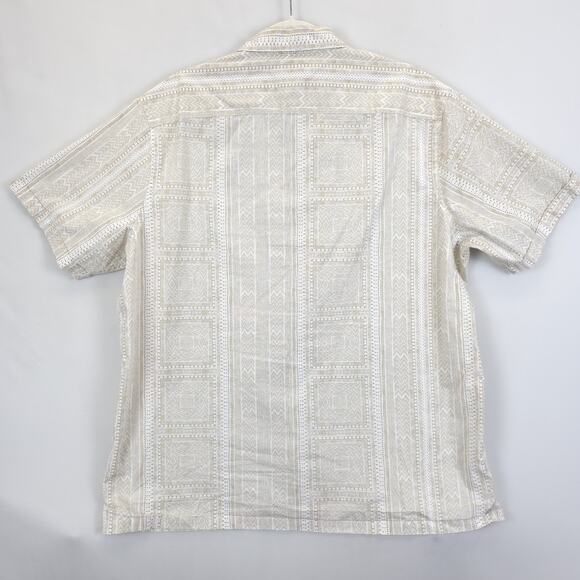 Macy's Camp Button Up Shirt Men XL Short Sleeve Printed Tan White Causal Office - Picture 2 of 10